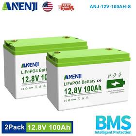 Anenji Anj-12v-100ah-s 2 2 Pack 12.8v 100ah Lifepo4 Lithium Battery For Rv Marine Solar System 100a Bms