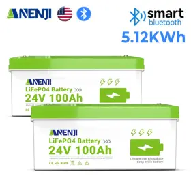 Anj-24v-100ah-s Anenji 2 2pcs 25.6v 100ah Lithium Battery 24v Lifepo4 100a Bms Bluetooth For Rv Home Us