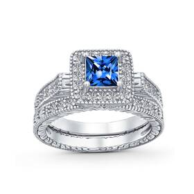 Bling Jewelry Scy-lr00495as-9 925 Silver Glass Blue Color Cz Princess Engagement Ring Set 9