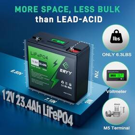 Eryy 008678918788 12v 23.4ah Lifepo4 Lithium Battery With 30a Bms And Lcd Voltmeter - Black