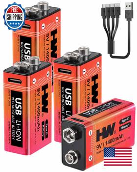 Hw B0dsbx9tq1 9v 1400mah Rechargeable Lithium Battery 4-pack Usb-c Long Lasting Safe