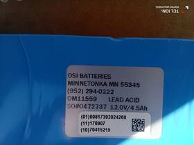 Osi Om11559 Pulmonetic Systems Ltv 1200 Ventilator Internal Replacement Battery 12vdc 4.5 Ah