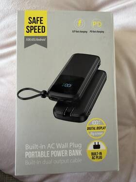 Safe Speed X003277z0p Portable Power Bank Built-in Ac Wall Plug Dual Output Cable Digital Display