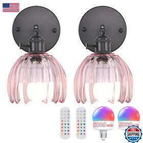 Shenmoyl B0f8l759vp Vintage 5000 Mah Battery Wall Sconce Pink Clear Tulip Glass Set Of 2