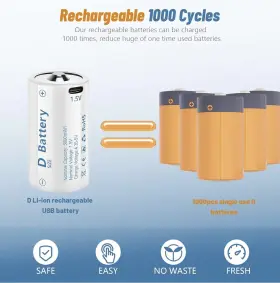 Technology 445046678623 Rechargeable Lithium D Batteries With 4 In 1 Usb-c Charging Cable 1.5v Size