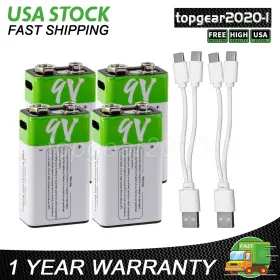 Topgear2020-1 617592527374 4x 9v 9 Volt Li-ion Usb Rechargeable Battery 650mah Lithium Ion With Charge Cable