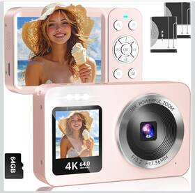 Wabl B0f8mkngfx Pink Digital Camera 4k 64mp Uhd Dual Screen 18x Zoom Point And Shoot