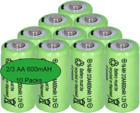Yibatopow 313056071017 10 Packs 1.2v Nimh 2/3 Aa 600 Mah High Capacity Rechargeable Batteries For Solar