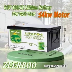 B04h-36100-3-ppw Zeerboo 36v 100ah Lifepo4 Lithium Battery For Golf Cart In 200a Bms Max.power 7.68kw
